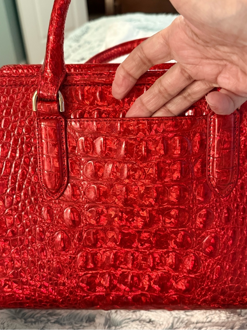 Glossy Red Croc-Embossed Satchel with Gold Accents teal leather - Picture 7 of 14